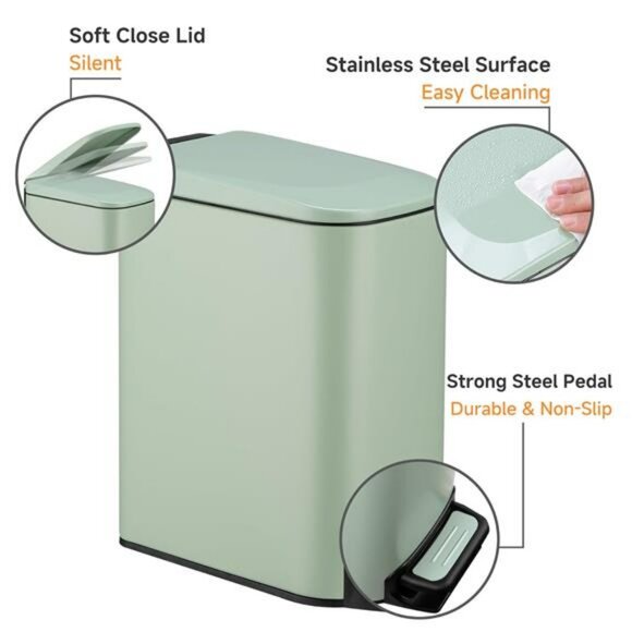 Green Slim Bathroom Trash Can with Lid Pedal Small Garbage Bin with Bucket - Picture 4 of 7